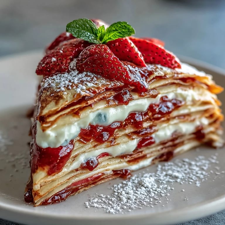 Elegant strawberry mascarpone crêpe cake perfect for a special Mother's Day treat.