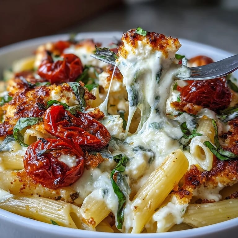 Roasted feta and bursting cherry tomatoes create this delicious baked feta pasta.