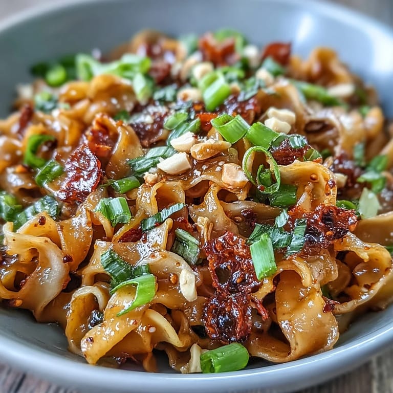 Chewy wheat noodles tossed with fiery chili crisp, garlic, and soy sauce, topped with vibrant green scallions and roasted peanuts.