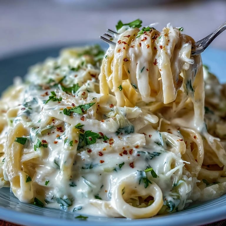 A comforting vegetarian dish featuring shredded cabbage Alfredo pasta, garnished with grated Parmesan and chopped parsley.