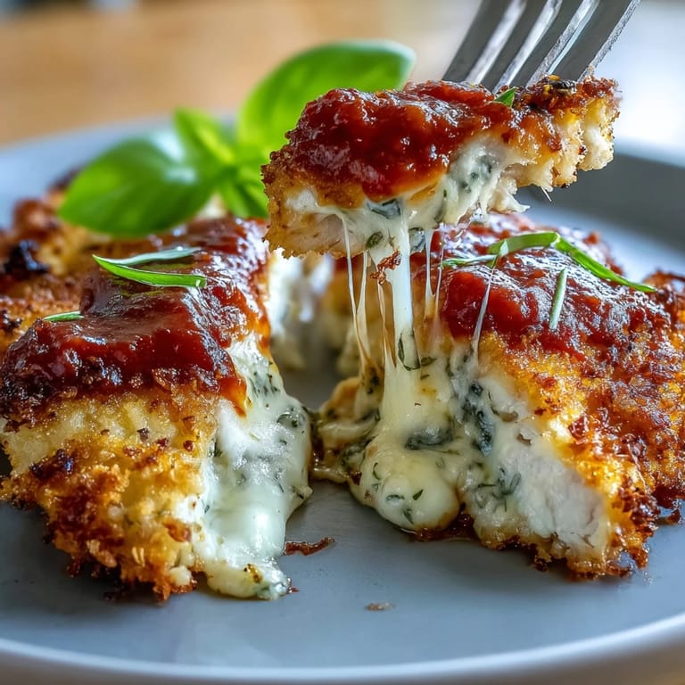 Golden brown air fryer chicken Parmesan layered with marinara sauce and stretchy mozzarella, garnished with fresh basil for a restaurant-style meal at home.