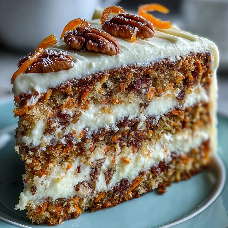 Layered carrot cake recipe featuring rich cream cheese frosting and delicate candied carrot curls, perfect for Easter celebrations.