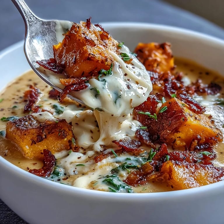 Rich sweet potato chowder with smoky spices, pancetta, and kale, served in a rustic bowl.
