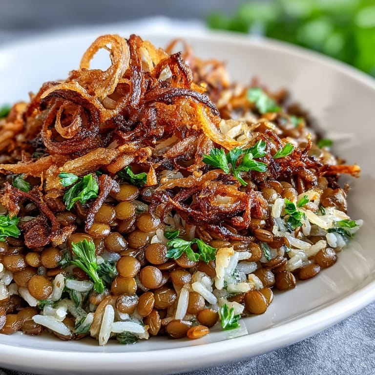 Hearty Levantine Mujadara, a fragrant lentil and rice dish topped with crisp onions.
