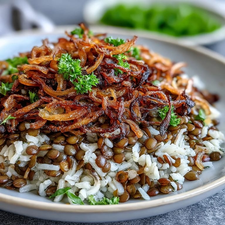 Comforting Levantine Mujadara ready to serve, with tender lentils and sweet onions.