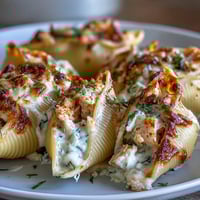 Golden-baked Creamy Seafood Stuffed Shells sit in a ceramic dish, drizzled with rich Parmesan sauce and fresh herbs.