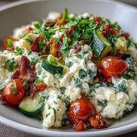 Fluffy egg white scramble with sautéed bell peppers, zucchini, and spinach, topped with fresh salsa and cilantro.  