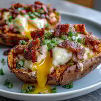 A hearty breakfast dish of baked sweet potatoes stuffed with bacon, eggs, and cheddar cheese, topped with fresh scallions.