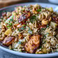 Vibrant sweet chili chicken pineapple fried rice with colorful vegetables and juicy pineapple chunks.
