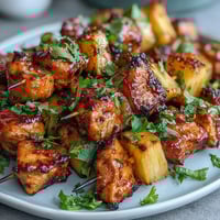 Air fryer chicken pineapple bites with juicy marinated chicken and sweet pineapple chunks, perfectly golden and ready to serve at your next party.