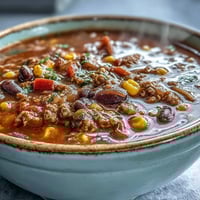 Hearty Taco Soup with ground beef, beans, and corn, garnished with shredded cheese and tortilla chips.  