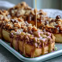 Crisp apple slices drizzled with creamy peanut butter and sprinkled with crunchy granola for a wholesome snack.