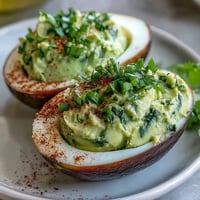 Green avocado deviled eggs with fresh herbs, a vibrant spring appetizer perfect for parties and healthy snacking.