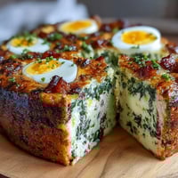 Easter Savory Pie with Hard-Boiled Eggs and Ham, golden puff pastry filled with creamy ricotta, diced ham, and spinach, sliced to reveal whole eggs inside.
