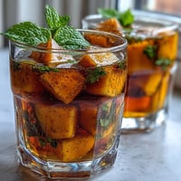 Refreshing mango peach iced tea with mint, served over ice and garnished with fresh mint leaves and fruit slices.