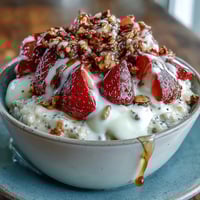 Creamy strawberry overnight oats with chia seeds and crunchy granola, ready for a healthy breakfast