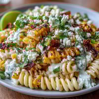 A vibrant Mexican street corn pasta salad with creamy Cotija cheese, sweet charred corn, and zesty lime dressing.  