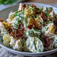 Classic Deviled Egg Potato Salad with creamy mustard dressing and tender potatoes, garnished with smoked paprika and fresh chives.