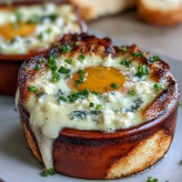 Elegant Easter eggs en cocotte with creamy custard, fresh herbs, and parmesan, baked to perfection for a festive brunch.
