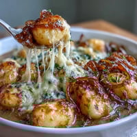 A warm bowl of Gnocchi French Onion Soup with melted cheese and toasted baguette on top.  