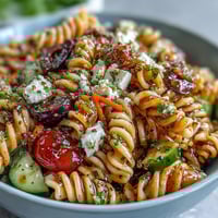 Bright Memorial Day Pasta Salad bursting with fresh veggies and zesty Italian dressing.