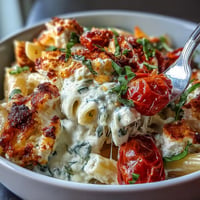 Creamy baked feta pasta with blistered tomatoes, ready to serve with fresh basil.