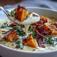 Smoky sweet potato chowder with crispy pancetta and tender kale in a creamy broth.  