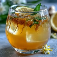 A tall glass of ginger prebiotic lemonade with ice, garnished with lemon slices and mint leaves, offering a refreshing and gut-friendly drink.  