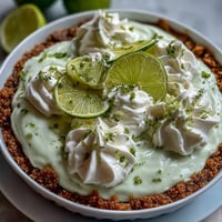 Creamy no-bake key lime pie awaits, topped with fluffy whipped cream.