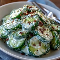 A viral cucumber salad with cream cheese dressing and everything bagel seasoning.